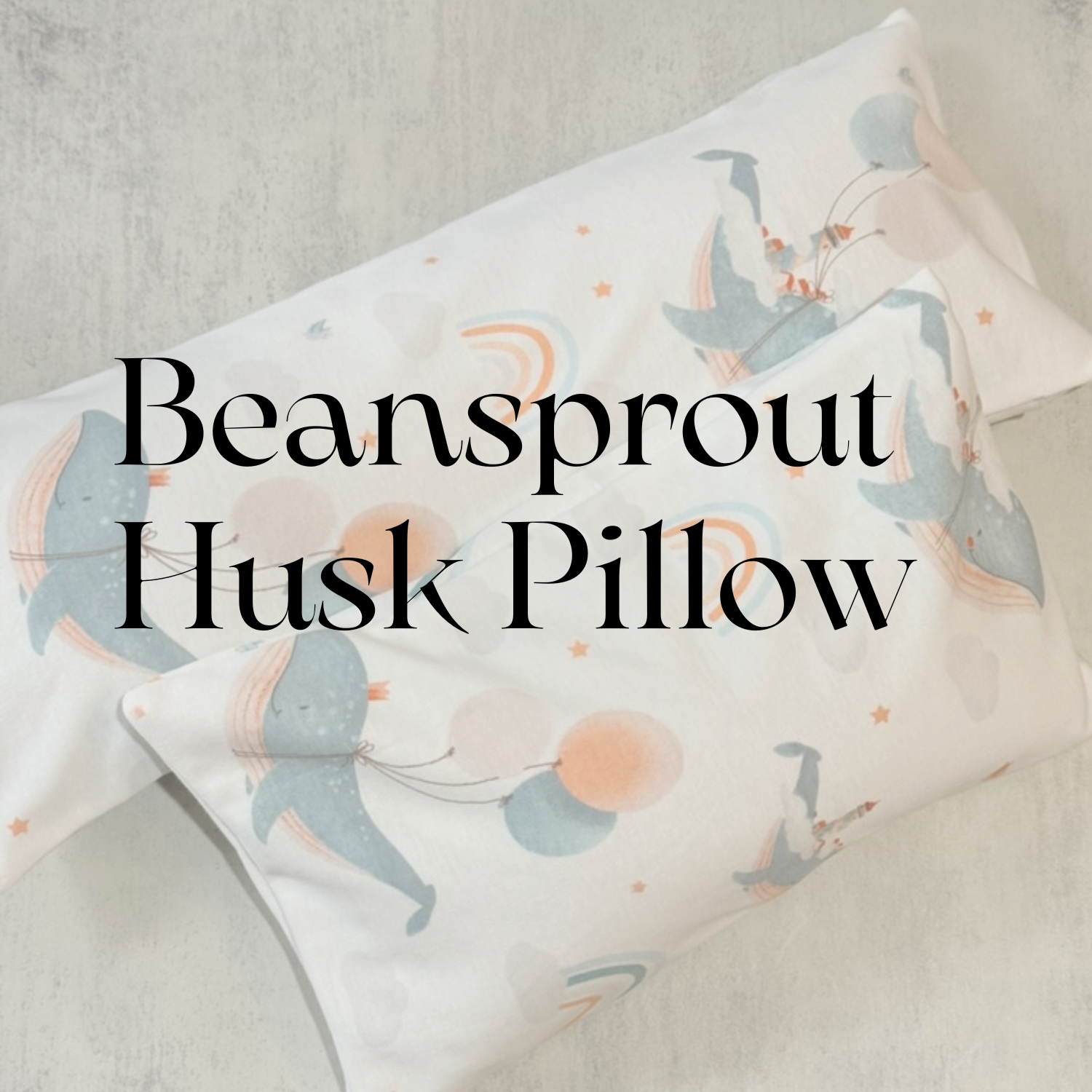 Baby Beansprout Husk Pillow with fabric prints on textured background