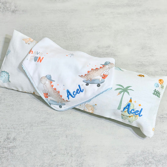 Personalised Handmade Husk Pillow and Baby Bib Bundle