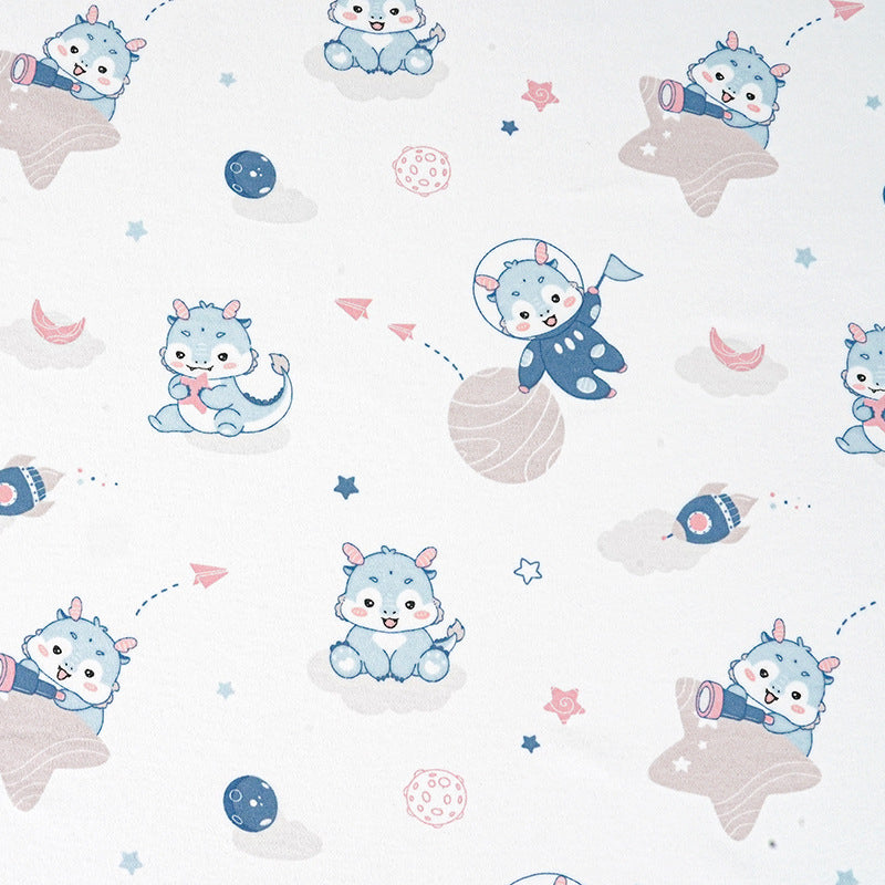 Pattern of cute blue little dragon in space-themed outfits on a white background.
