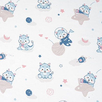 Pattern of cute blue little dragon in space-themed outfits on a white background.