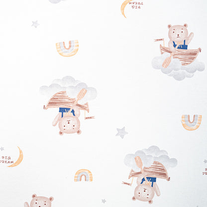 Pattern of cartoon bears with boats, clouds, and rainbow elements on a white background.