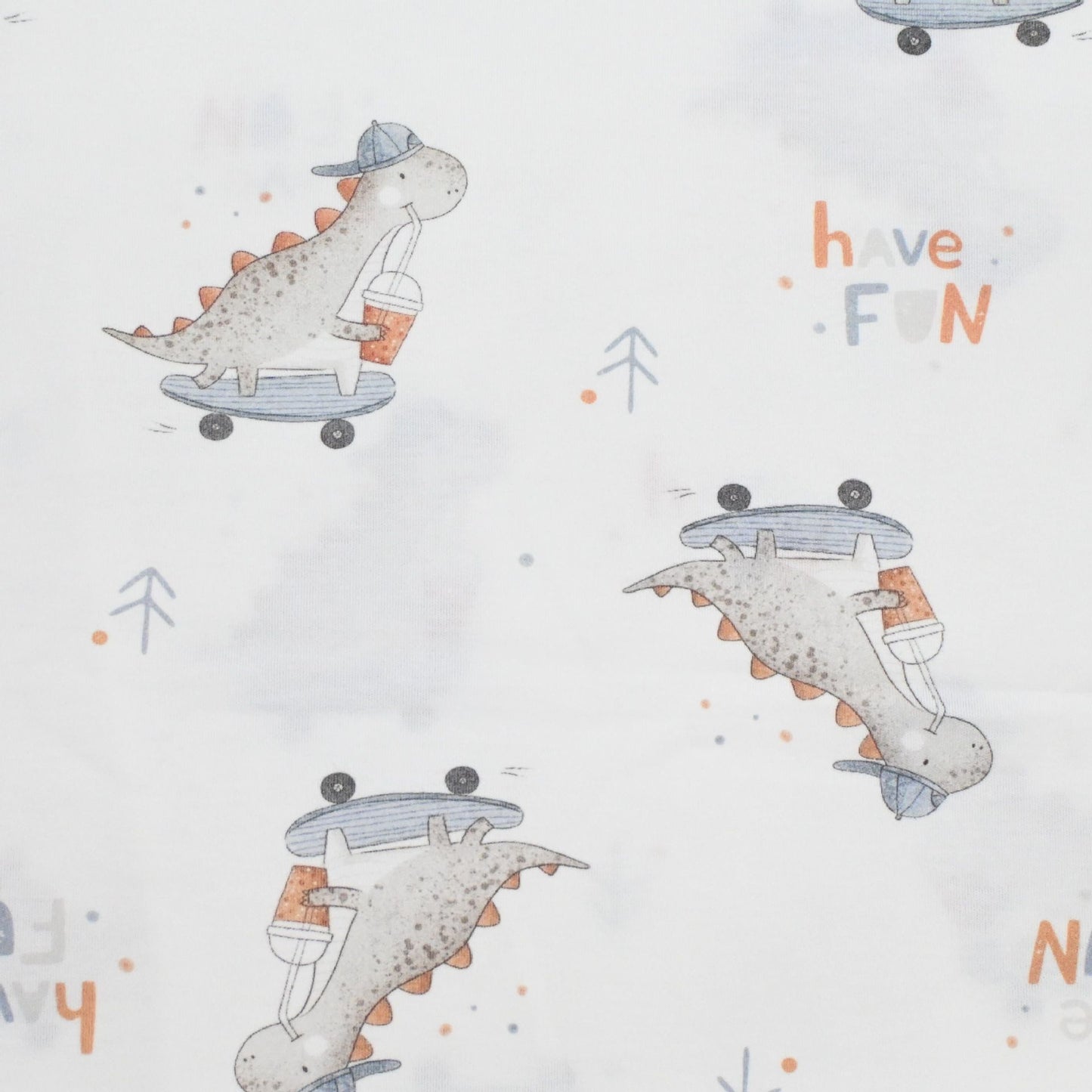 Children's pattern with cartoon dinosaurs on skateboards and ice cream, with text 'have fun' on a light background.