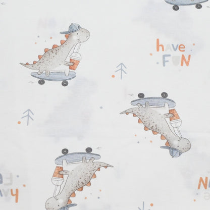 Children's pattern with cartoon dinosaurs on skateboards and ice cream, with text 'have fun' on a light background.
