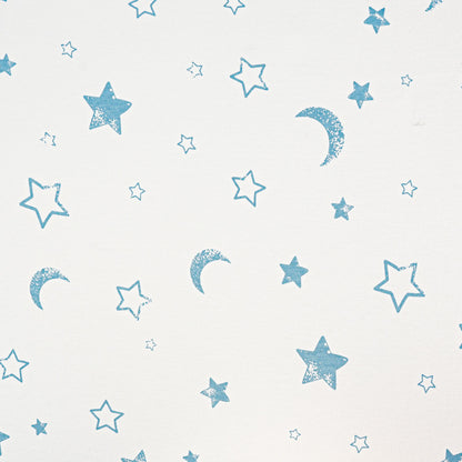 Pattern of blue stars and moons on a white background