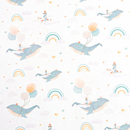 Pattern of blue whales with balloons and rainbows on a light background