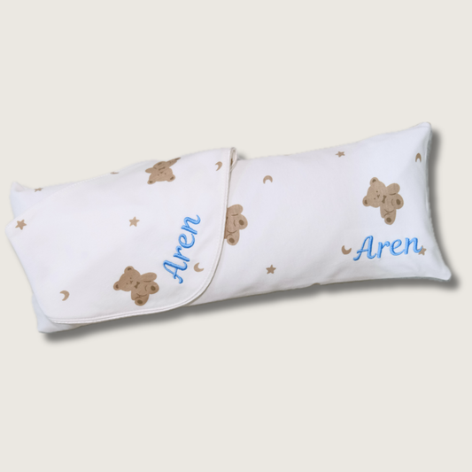 Personalised Handmade Husk Pillow and Baby Bib Bundle