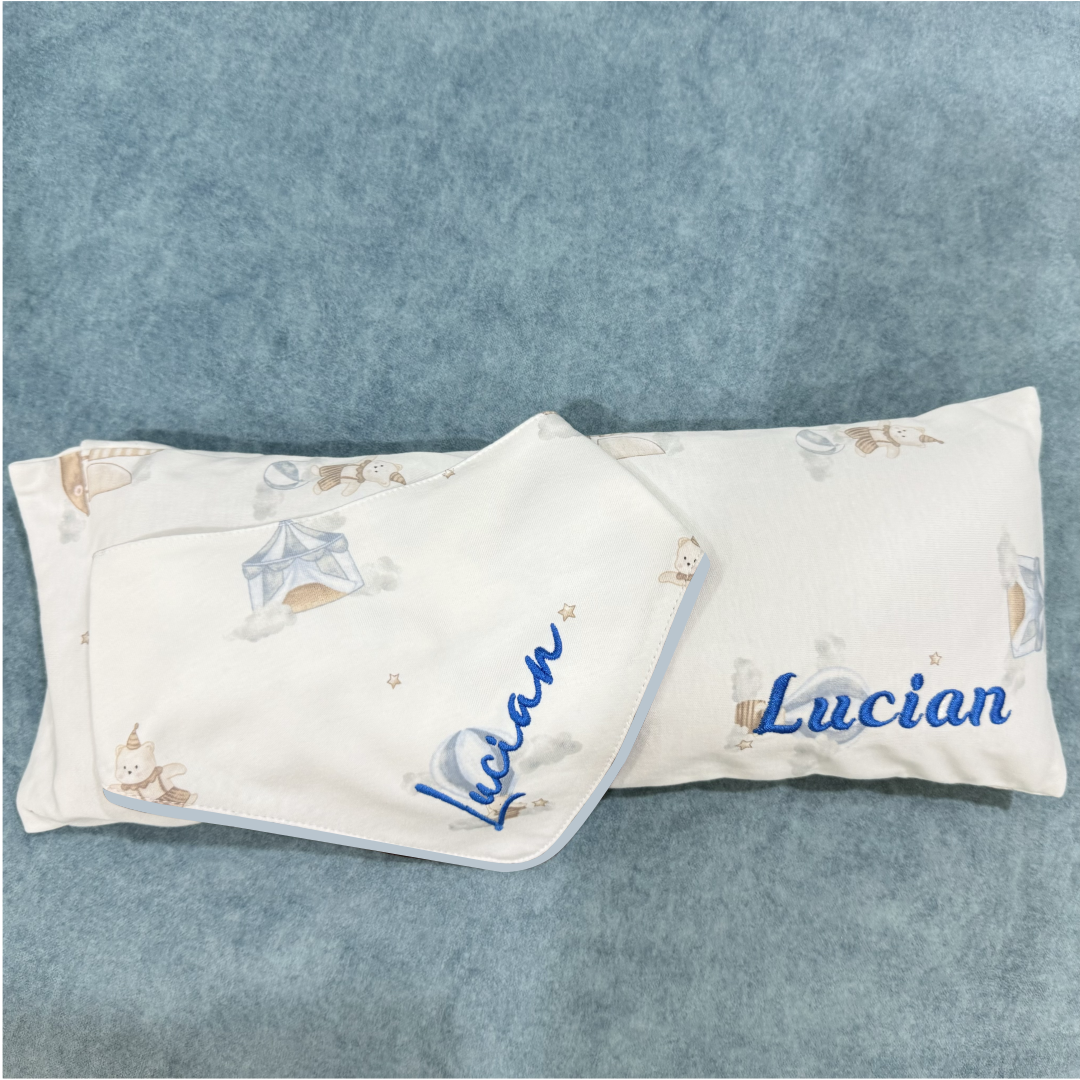 Long beansprout husk pillow with personalised baby bib