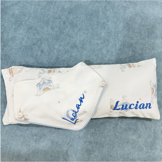 Personalised Handmade Husk Pillow and Baby Bib Bundle